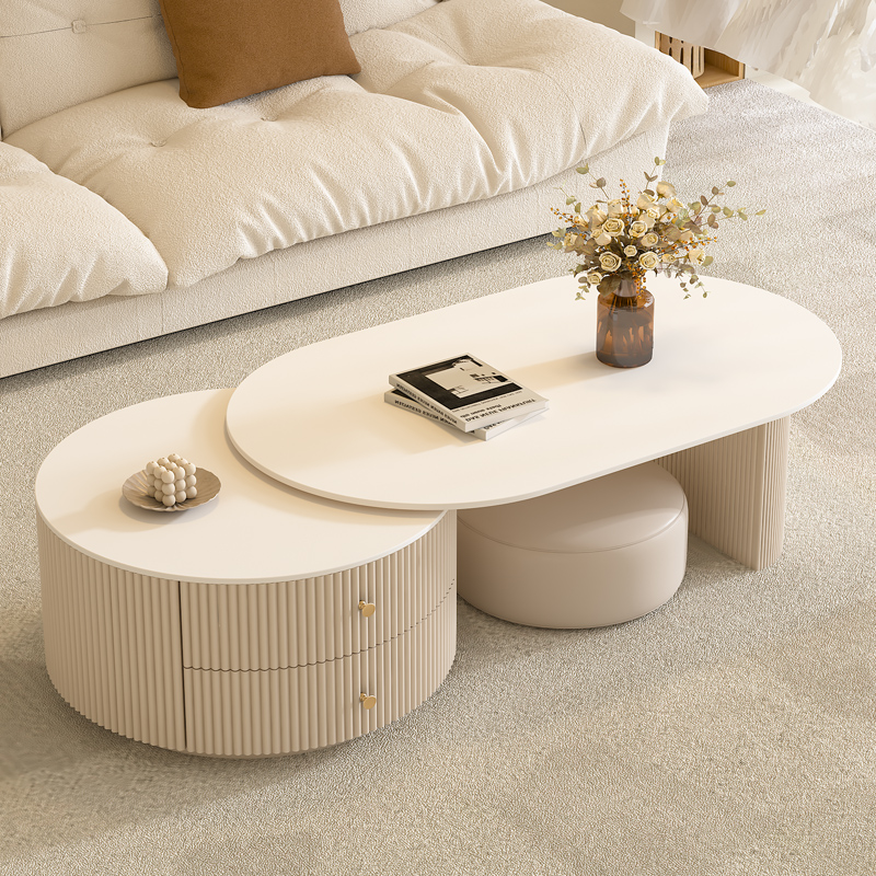 全友家居奶油风极简岩板茶几客厅家用现代简约可伸缩轻奢高级感茶