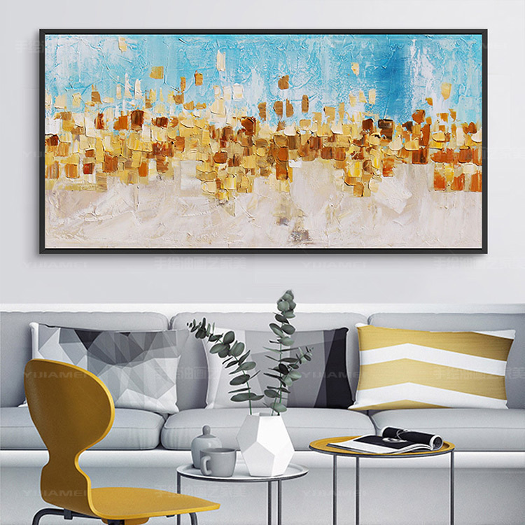 现代简约手绘油画客厅抽象沙发背景墙装饰画酒店餐厅书房横版挂画