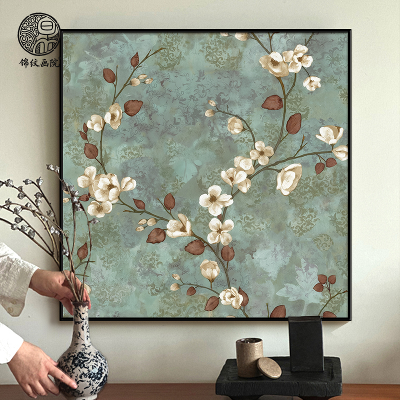 中古风客厅蓝色背景简约花卉植物高级感装饰画复古卧室玄关挂画