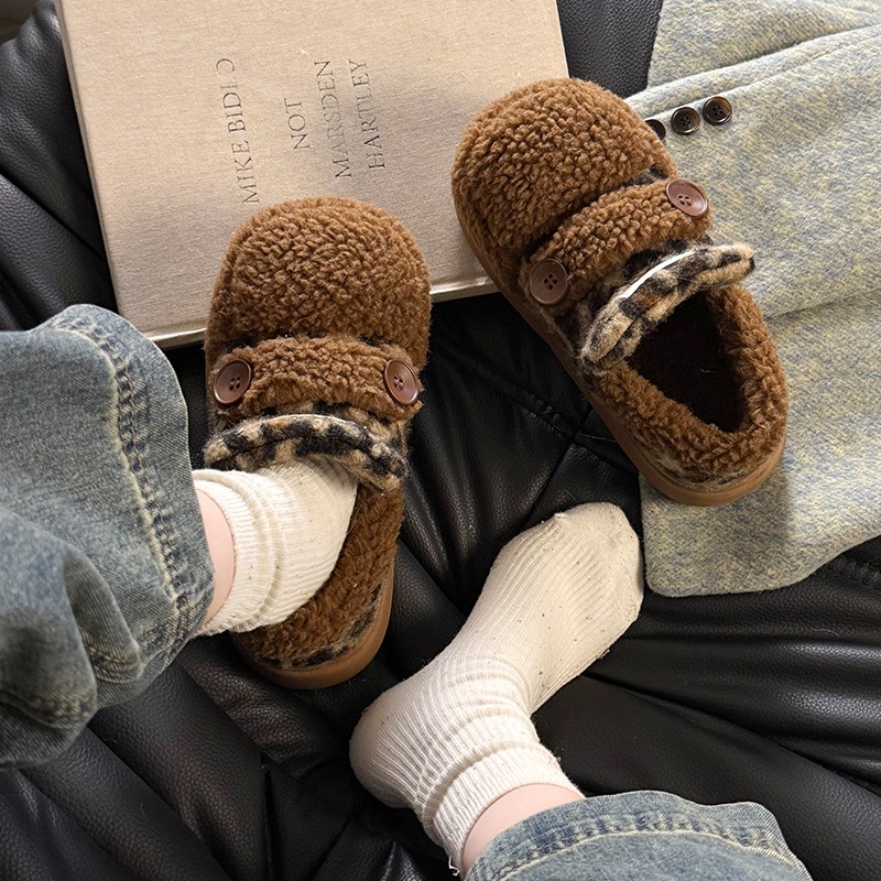 来两双 纽扣棉鞋厚底加绒保暖雪地靴女生冬天防滑毛绒棉拖鞋外穿