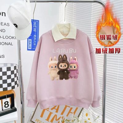 女童秋冬Polo领加绒卫衣新款中大童儿童爆款加厚保暖长袖上衣爆款