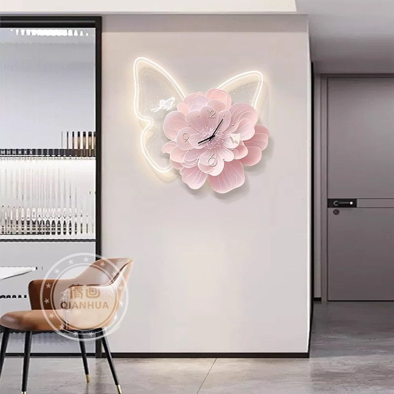 2025新款餐厅装饰画带时钟创意蝴蝶玄关客厅壁灯饭厅挂钟表高级感