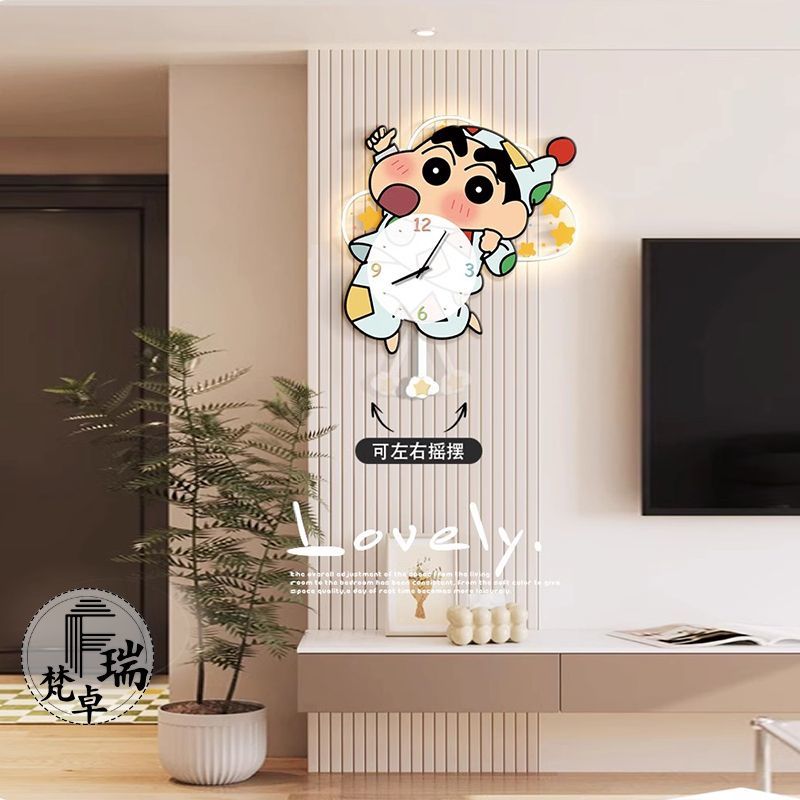 奶油风客厅装饰画睡衣蜡笔小新带钟表挂钟创意led壁灯时钟餐挂画