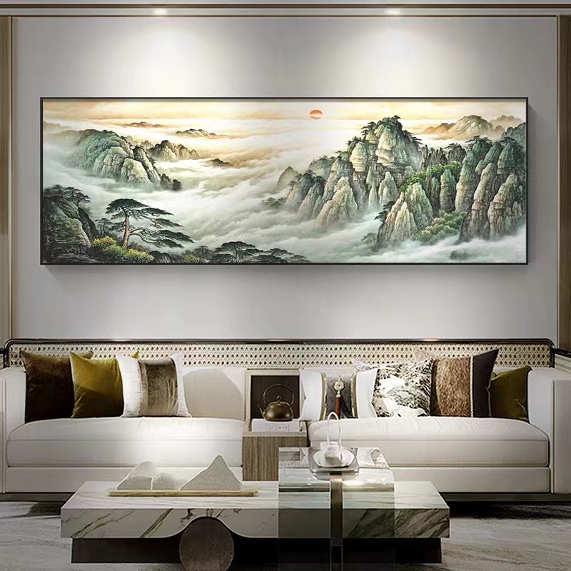 泰山日出山水挂画办公室字画有山无水靠山图客厅沙发背景装饰画