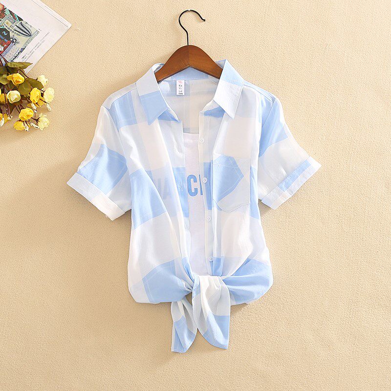 2020夏季新款韩版格子短袖衬衫女宽松百搭假两件套防晒大码上衣|msdalam kategori Butik wanita / wanita, shirt - dari Buy2taobao.com untuk memberikan perkhidmatan ejen Taobao profesional membeli