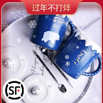 马克杯带盖勺可爱创意个性潮流情侣一对家用陶瓷杯子少女牛奶水杯