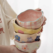 ins手绘家用陶瓷5英寸吃米饭甜品碗个性 手捏不规则花边釉下彩餐具