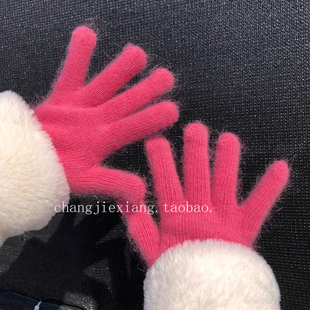 树莓粉韩版ins手套女冬季加绒加厚保暖毛线分指纯色手套简约百搭