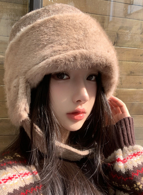 冬天氛围感毛绒雷锋帽子女生显脸小东北玩雪防寒保暖护耳帽子骑车