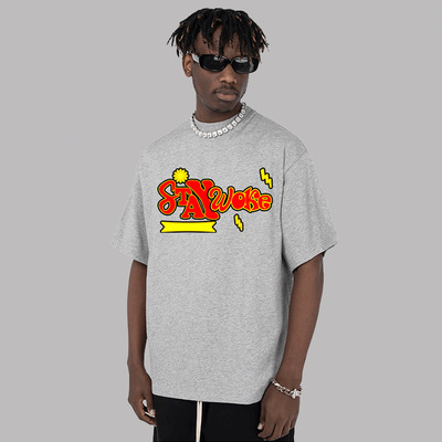 Stay Woke重磅小领口短袖潮流品牌时尚夏季国潮数码印花T恤高品质