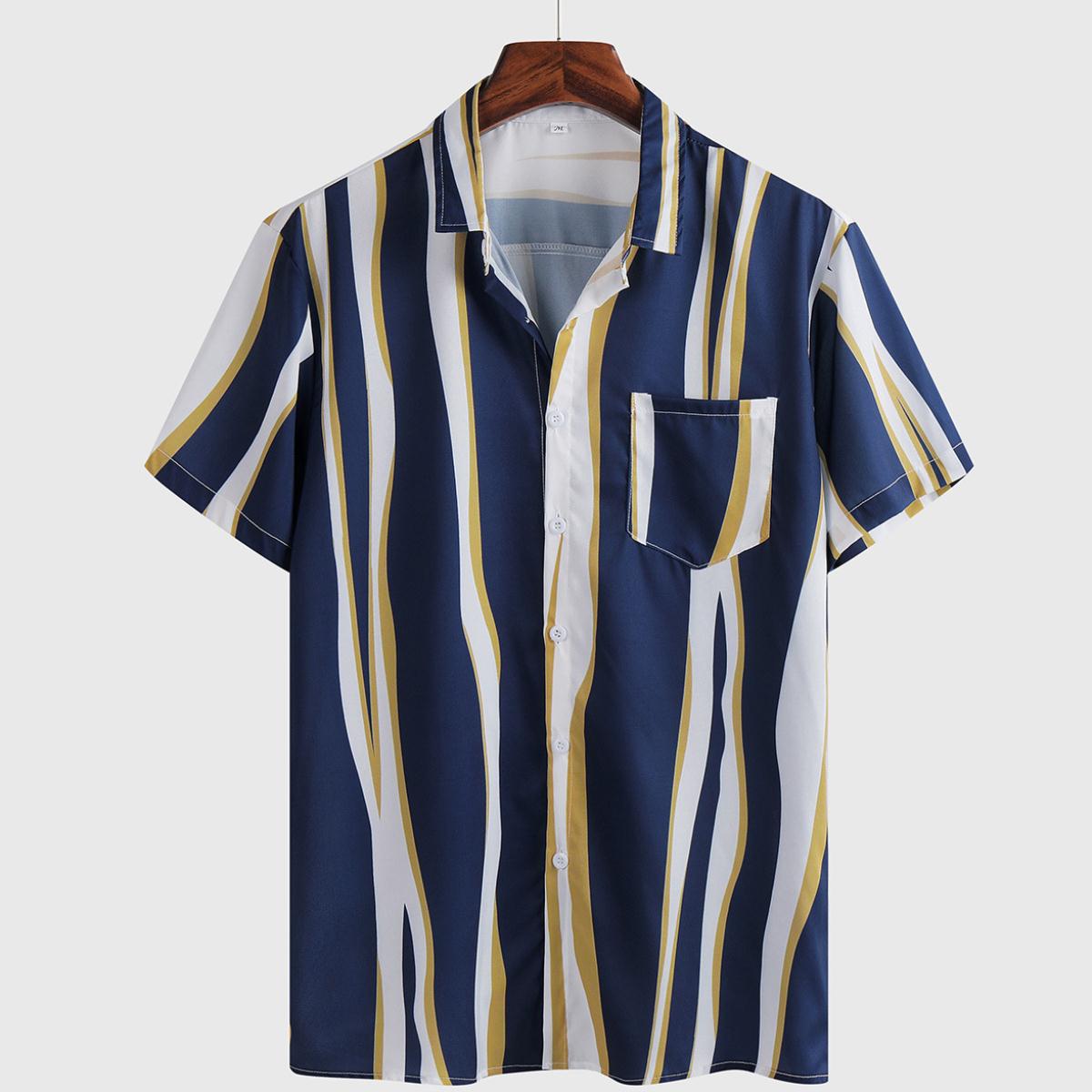 欧洲站男士短袖条纹休闲印花衬衫