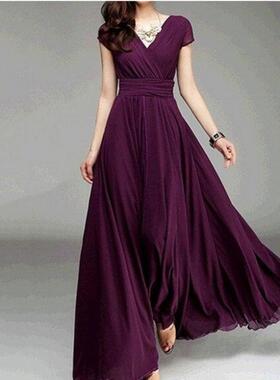 速卖通亚马逊欧美跨境爆款V领短袖波西米亚雪纺收腰连衣裙11色8码