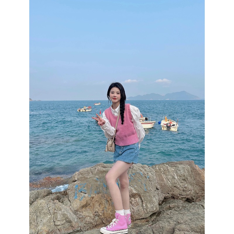 送运费险粉红色针织马甲背心坎肩
