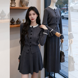 深灰圆领花边设计长袖厚连衣裙子秋冬季内搭打底短款针织毛衣裙女