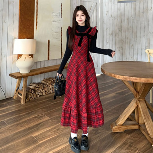 气质荷叶边拼接A字修身 连衣裙女秋季 长裙子 复古miu系撞色长袖 法式