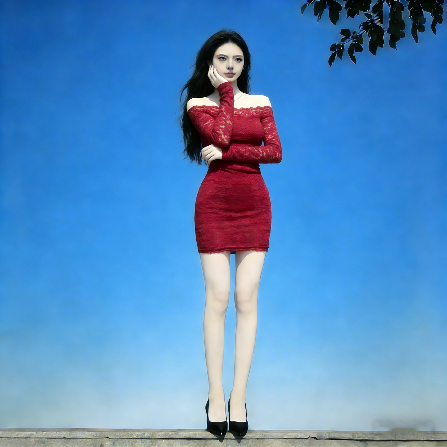 红色辣妹蕾丝一字肩连衣裙女2026春季新款修身性感气质包臀短裙子