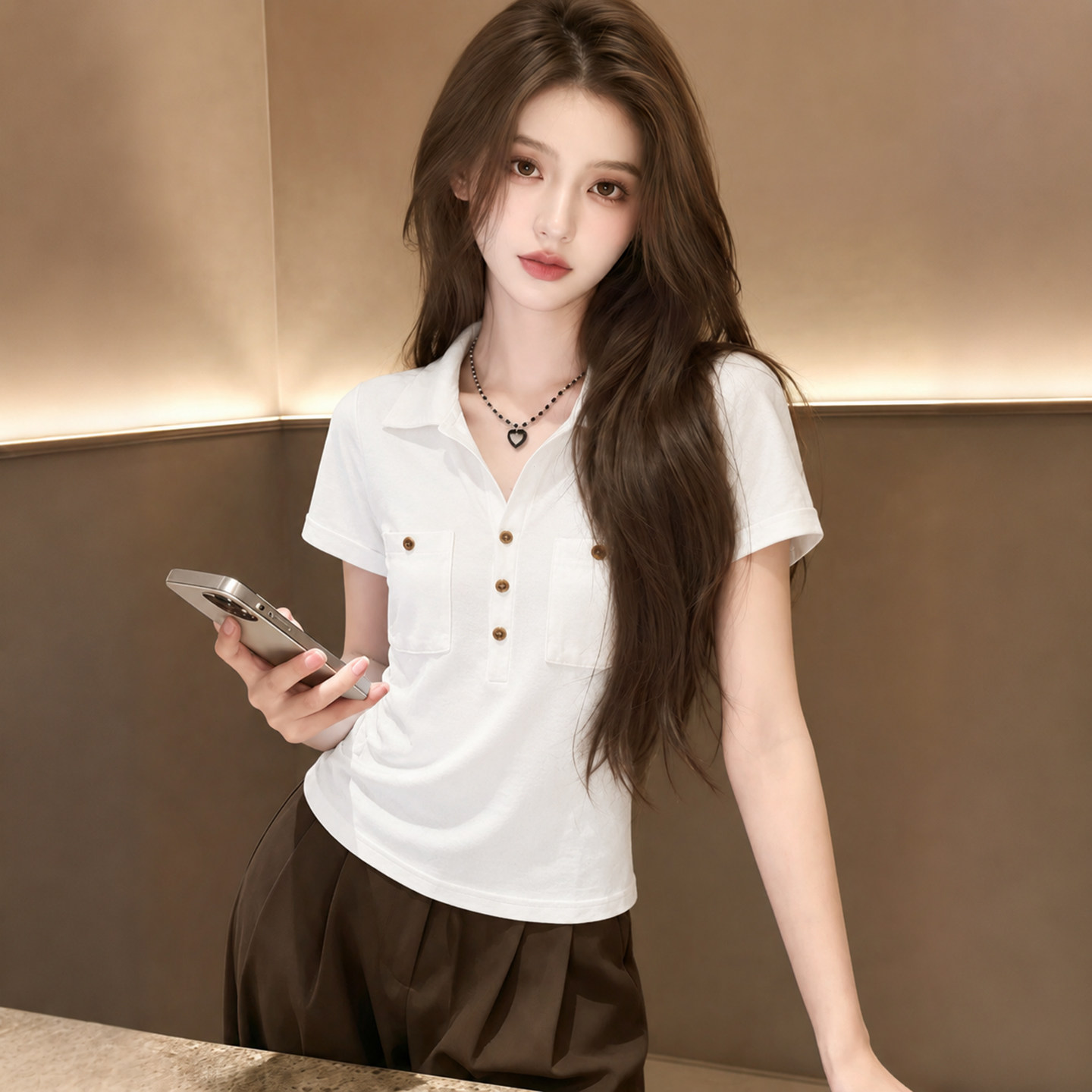 高级感白色polo领正肩短袖t恤女夏季新款修身显瘦别致口袋上衣服