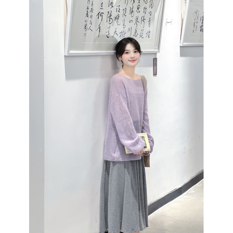 送运费险马海毛紫色镂空毛衣女秋