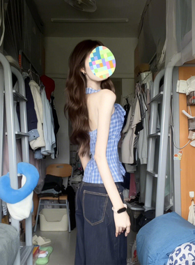 蓝色格子荷叶边挂脖v领吊带背心女夏季2025新款外穿美背无袖上衣