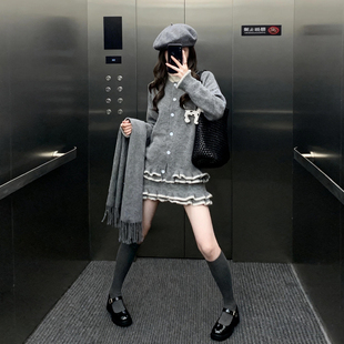 chic韩系穿搭小香风长袖针织连衣裙女秋冬加厚木耳边设计修身短裙