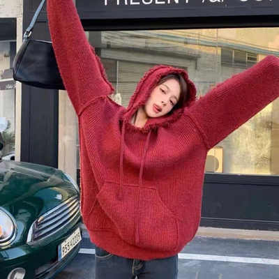 安克拉红长袖连帽针织毛衣冬季新款流苏拼接设计感宽松套头上衣女