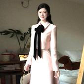 连衣裙子女秋冬气质厚款 巨好看法式 小香风粉色蝴蝶结翻领长袖 长裙