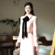 连衣裙子女秋冬气质厚款 巨好看法式 小香风粉色蝴蝶结翻领长袖 长裙