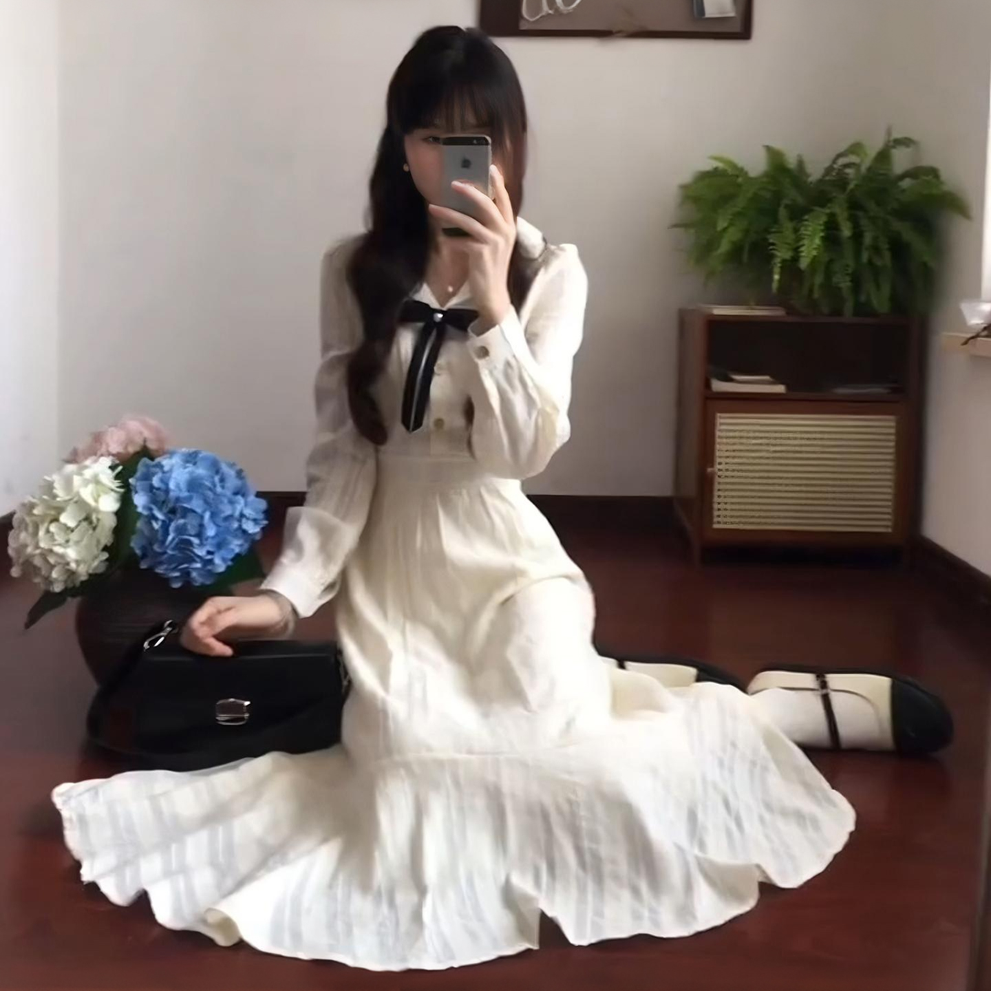 西装领蝴蝶结长袖衬衫连衣裙子秋季修身打底裙气质显瘦A字长裙女