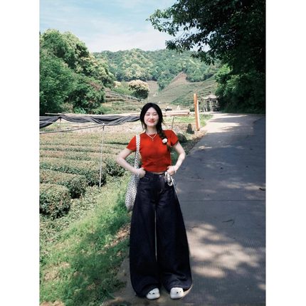 正肩红色绝美气质T恤女夏季修身打底短袖上衣设计感小众短款体恤