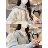 蓝色连帽针织衫 外套女春秋宽松慵懒风高级感软糯拉链毛衣开衫 上衣