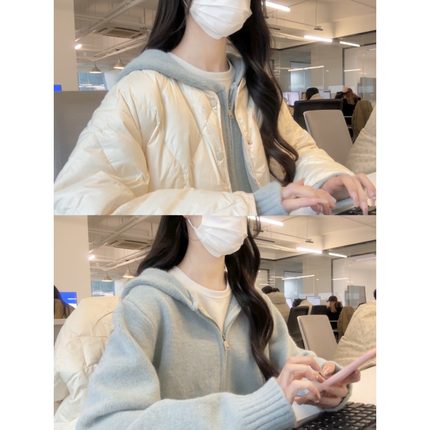 蓝色连帽针织衫外套女春秋宽松慵懒风高级感软糯拉链毛衣开衫上衣