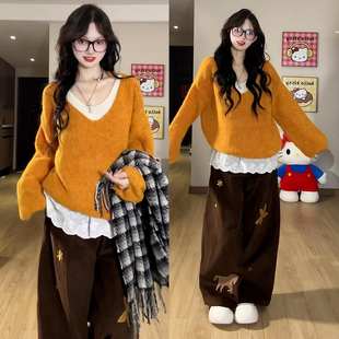 韩系初冬chic上衣2025新款加厚气质通勤穿搭橘色长袖针织毛衣女装