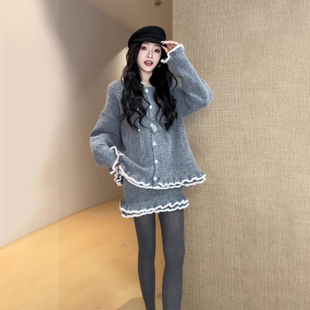 韩风绝美长袖灰色开衫连衣裙子秋季新款时尚修身花边短款针织裙女