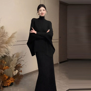 高领加厚长袖黑色针织连衣裙子秋冬新款韩系慵懒感气质百搭长裙女