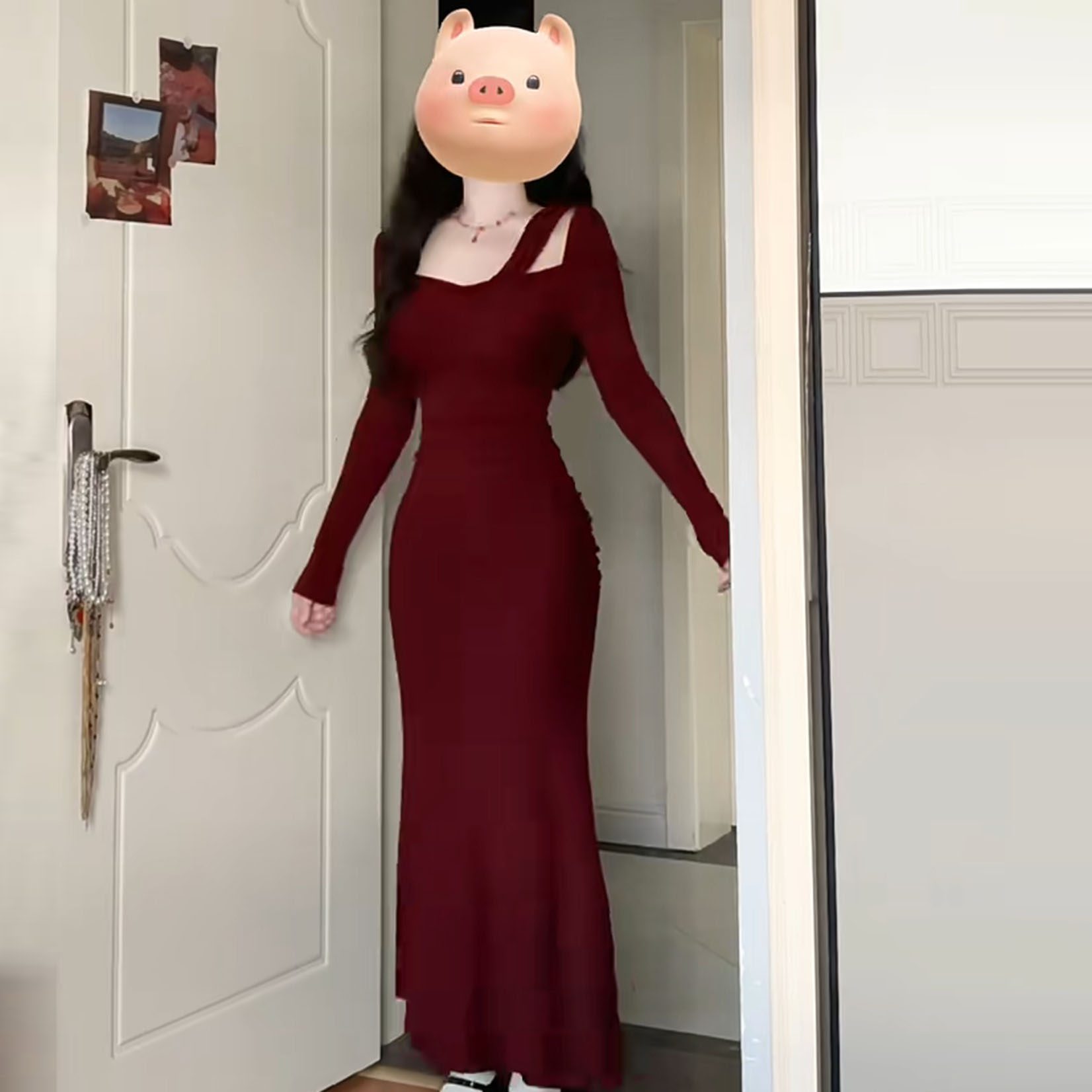 法式红色鱼尾特别漂亮掐腰连衣裙