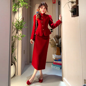正肩西装 毛呢连衣裙子秋冬季 厚款 新年战袍收腰长袖 红色敬酒服女装