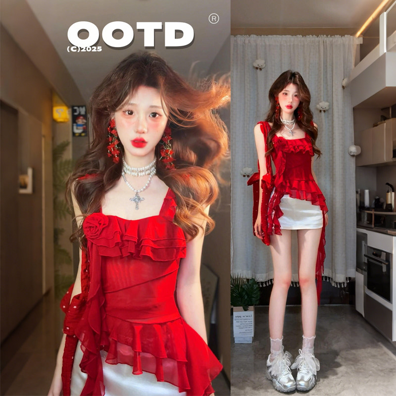 甜辣妹红色花朵吊带背心女夏季纯欲不规则荷叶边飘带外穿绝美上衣