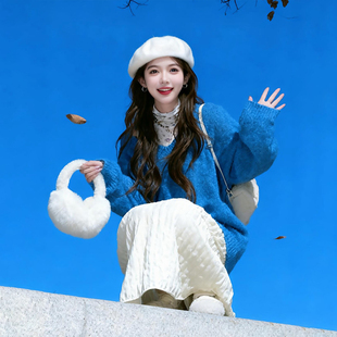 蓝色V领长袖 叠穿百搭遮肉宽松套头长裙 毛衣连衣裙子女加厚秋冬装