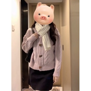 韩系复古牛角扣针织开衫 粉色麻花慵懒风毛衣外套 女秋冬季 2025新款