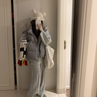 灰色立领无袖开衫马甲上衣女秋冬季2025新款加厚拉链款羽绒服外套