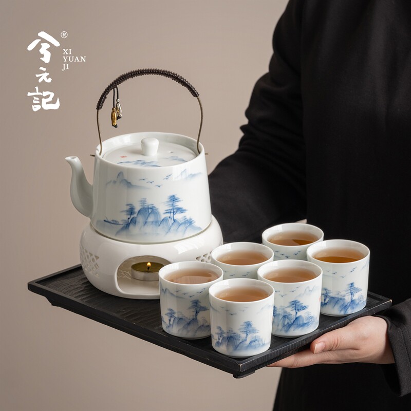 兮元记手绘功夫茶具套装陶瓷茶壶茶杯冷水壶温茶炉家用高档提梁壶