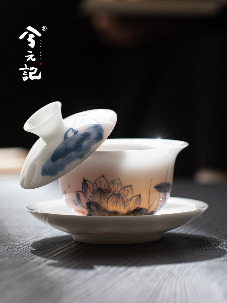 手绘青花冰玉悬停三彩有盖碗茶杯单陶瓷有盖茶碗功夫茶具