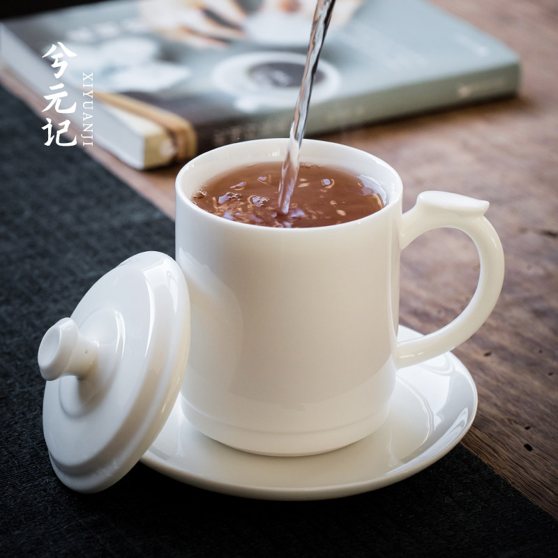 德化白瓷茶杯羊脂玉陶瓷水杯家用高档办公杯带盖子大号喝茶泡茶杯