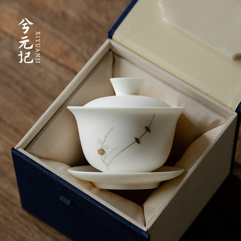 素烧锔钉羊脂玉瓷三才盖碗茶杯单个高档白瓷茶碗陶瓷带盖家用茶具