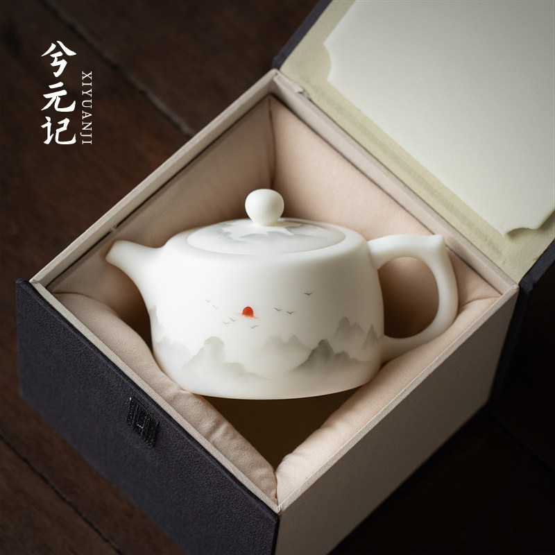 兮元记素烧羊脂玉瓷井栏壶过滤茶壶陶瓷茶具国潮泡茶壶家用单壶
