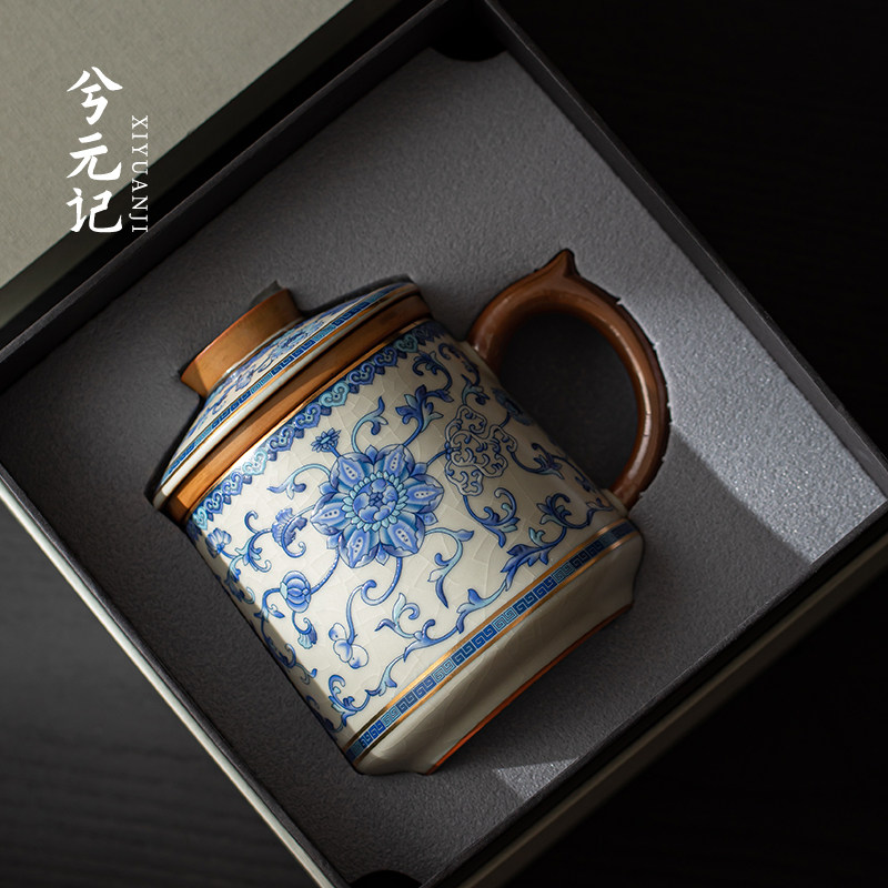 青花汝窑茶杯陶瓷带盖子过滤茶水分离杯描金满花珐瑯彩办公水杯杯