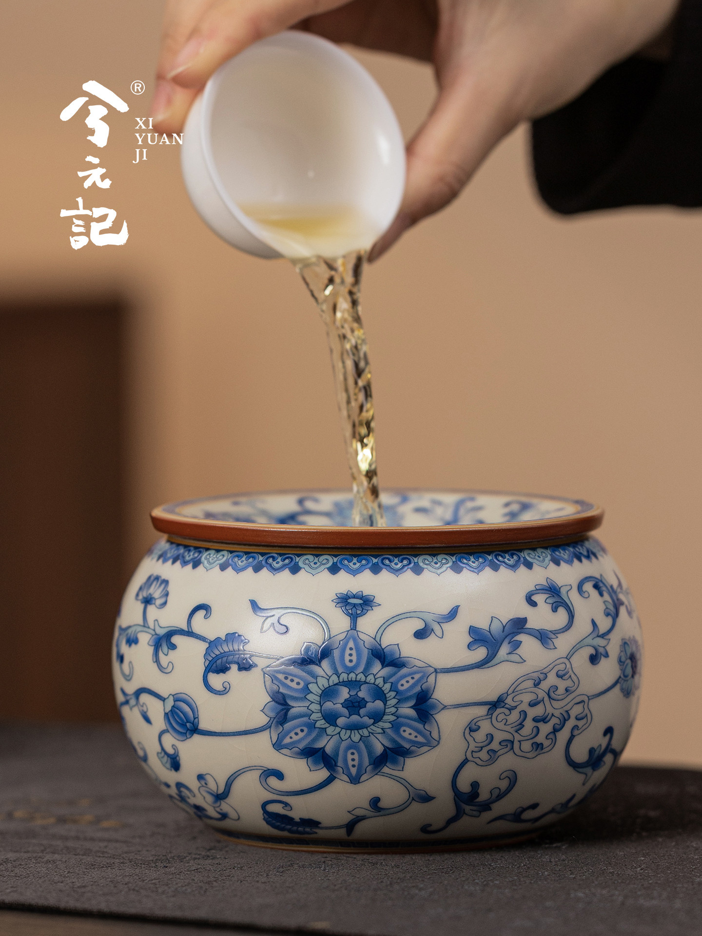 青花缠枝莲米黄汝窑茶洗茶具配件杯洗水洗水盂废水茶渣缸家用建水