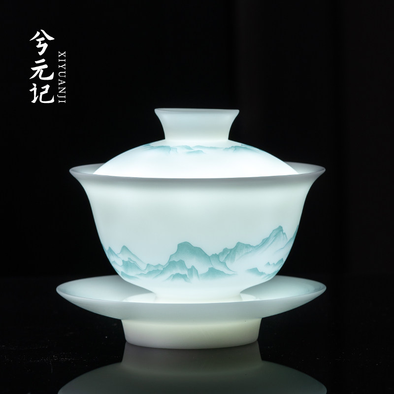 冰种羊脂玉瓷三才盖碗茶杯单个高档德化白瓷茶碗带盖子泡茶功夫茶