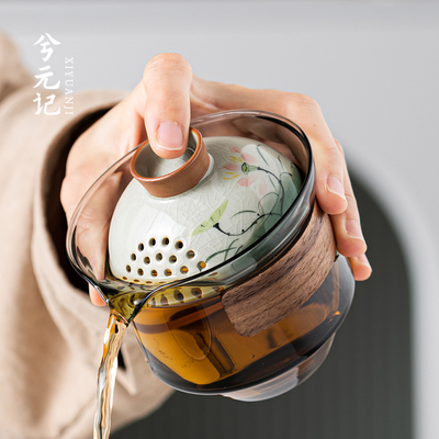 玻璃盖碗茶杯大号单个高档不烫手手抓壶一人功夫茶具釉下彩泡茶壶