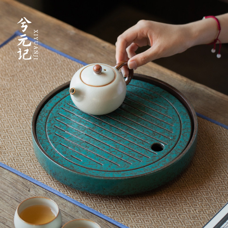 全陶瓷孔雀绿茶盘家用小型干泡台圆形茶具沥水茶托盘客厅茶几茶海